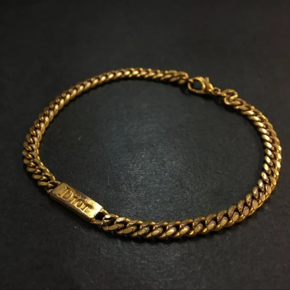 AUTH Christian Dior Logo Plate Chain Bracelet Gold - Picture 1 of 8